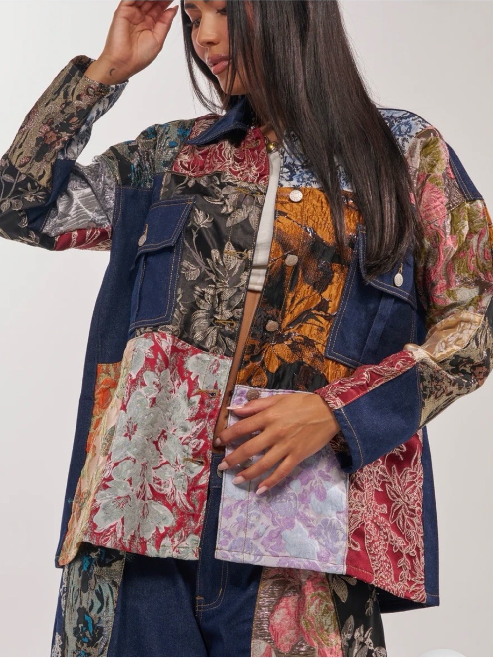 AKIRA Emotionless Button Down Multicolor Patchwork Satin & Denim Jacket Size M